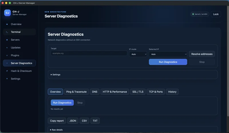 CH-J Server Manager – Echte Diagnoseoberfläche bei der Messung eines lokalen HTTP-Testdienstes; kein Nachweis für HTTP/3 eines öffentlichen Servers.