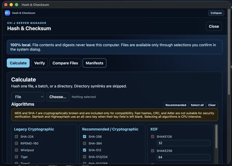 CH-J Server Manager – Hash & Checksum: lokale Datei und Auswahl der empfohlenen Algorithmen SHA-256, SHA-512 und BLAKE3.