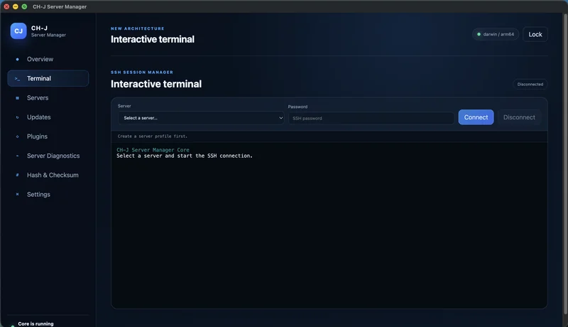 CH-J Server Manager – Terminal vor der Verbindung: Auswahl eines Serverprofils.